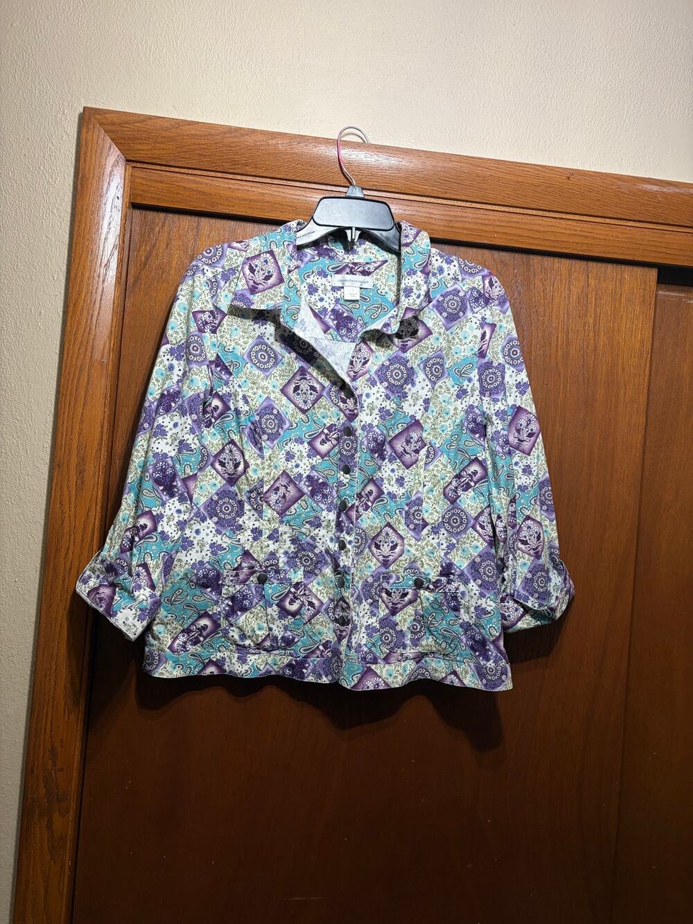 Christopher & Banks Paisley Floral Jacket Women's L Purple Turquoise 90s Boho